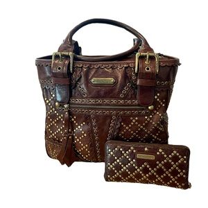 Womens Vintage Isabella Fiore Brown Studded Leather Shoulder Bag/wallet/western